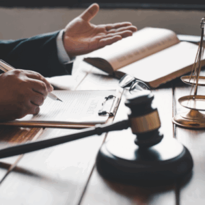 Utah courtroom with legal defense documents prepared by attorney